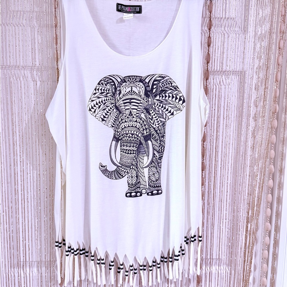 The Pyramid Collection White Elephant Fringe Tank Top